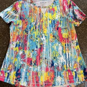 Reel Legends Multicolor Abstract V-Neck Short Sleeve Top Size PM Freeline Fish
